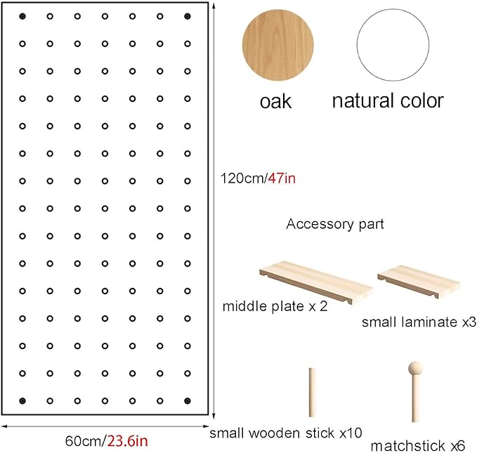 Wooden Wall Organizer Kit - Versatile Display Panel for Bedroom, Office, Bathroom - Wall-Mounted Storage Set (Oak, 60x120CM) - Ideal for Home & Study
