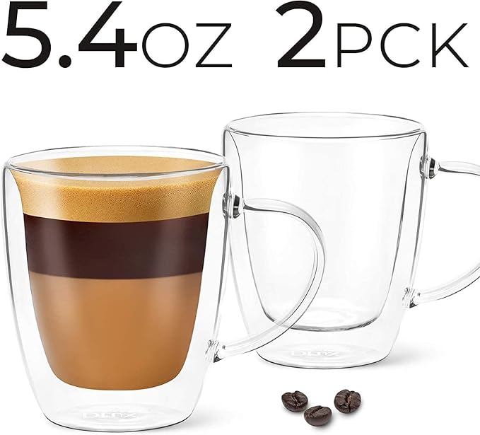 DLux Lungo 5.4oz Coffee Cups Double Wall, Clear Glass set of 2 Glasses with Handles, Insulated Borosilicate Glassware Tea Cup