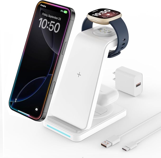 JoyGeek Charging Station for Fitbit Versa 4 3 Sense 2 3 in 1 Wireless Charger for iPhone 17 16 15 14 &amp Samsung S25 S24 Ultra Charging Dock for AirPods Pro Galaxy Buds Night Light Base