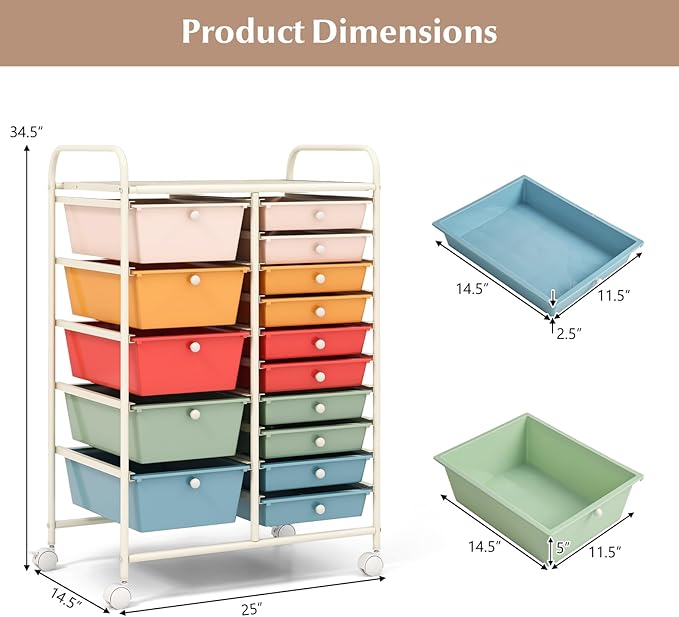 COSTWAY 15 Drawers Storage Cart, Multipurpose Rolling Utility Cart on Wheels w/Lockable Wheels & Removable Drawers, Mobile Tools Scrapbook Paper Organizer Cart for Office School Home, Macaron