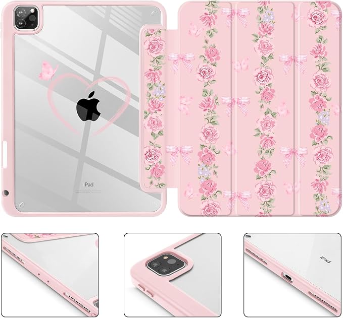 May Chen Case for iPad 12.9 Inch (6th/5th/4th/3rd Generation 2022/2021/2020/2018) Pencel Holder + Trifold Support Auto Sleep/Wake Transparent Shockproof Back Cover Blue Bows