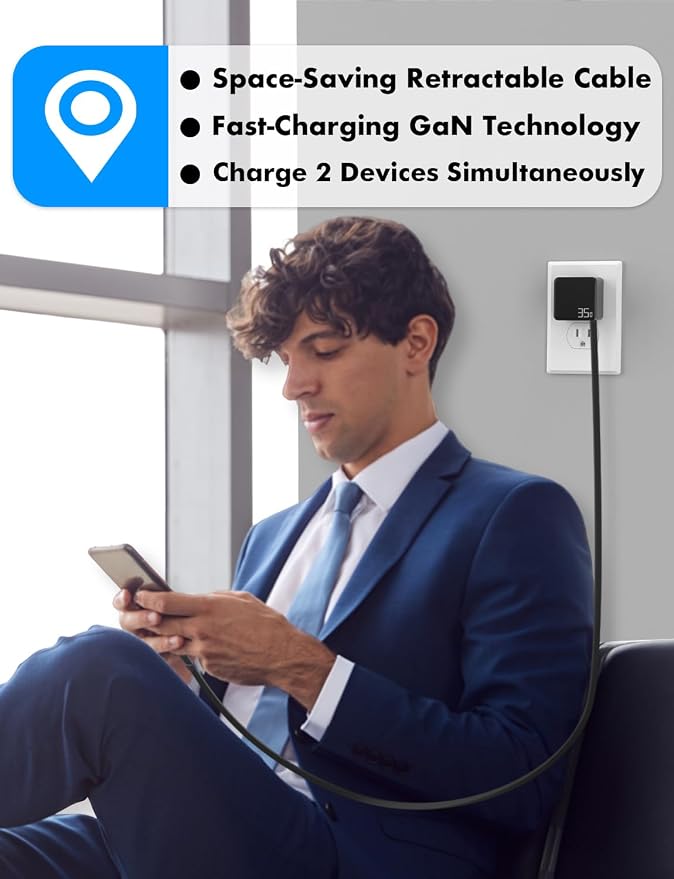 USB C Retractable Charger GaN PD 35W Charger Block Black | Type C Cable Portable Wall Phone Fast Charging Adapter Foldable Plug for iPhone 17/16/15 Pro Max/iPad/Galaxy/Pixel