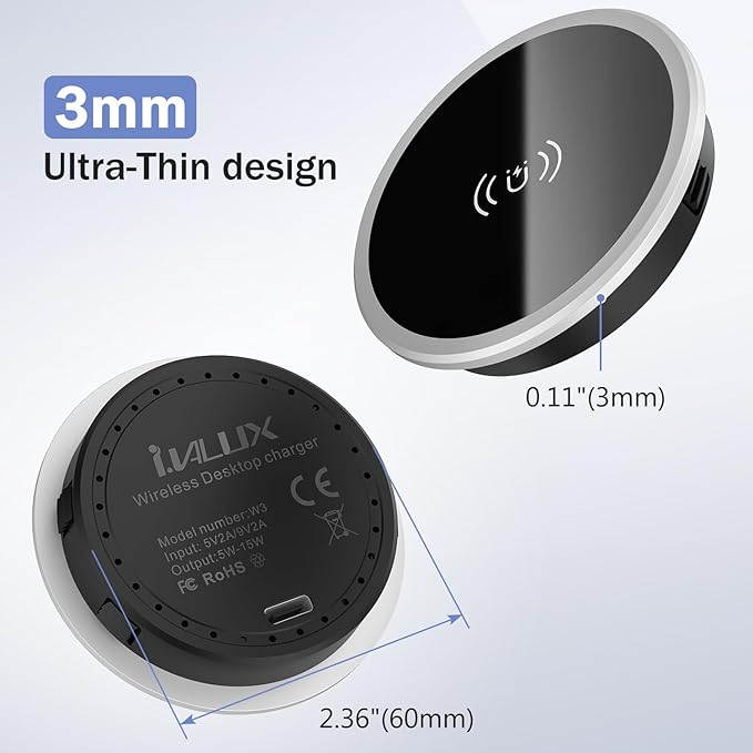 Recessed Magnetic Wireless Charger 15W Hidden Desk Mount for iPhone 17-12 | Qi Certified Fast Wireless Charging PadFlush Mount Design Under Desk Installation Space Saving Office Desk Nightstand