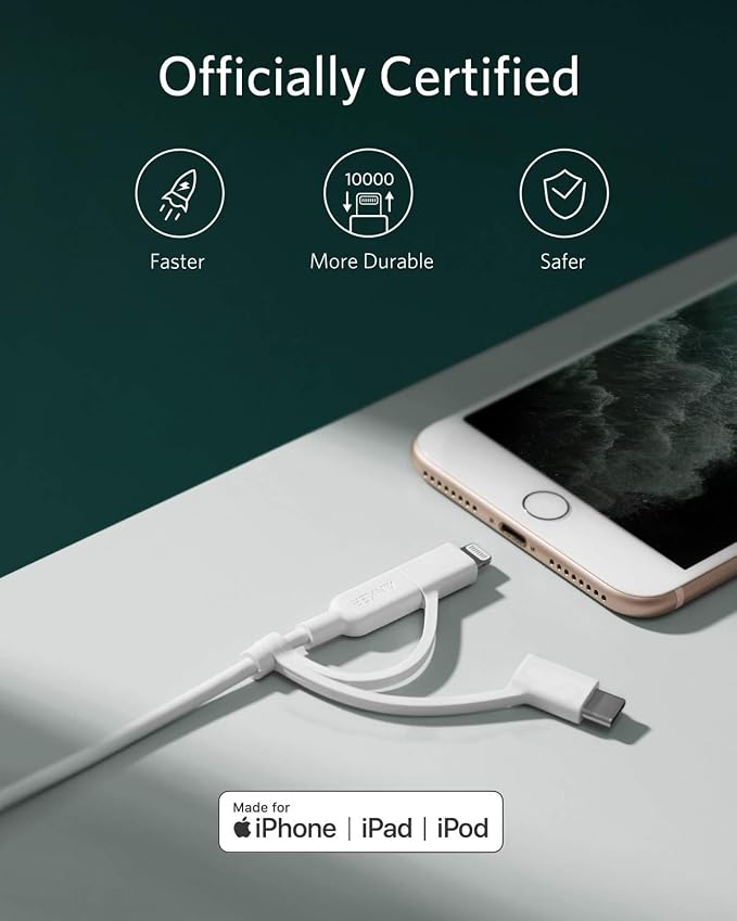 Anker Powerline II 3-in-1 Cable Lightning/Type C/Micro USB Cable for iPhone iPad Huawei HTC LG Samsung Galaxy Sony Xperia Android Smartphones iPad Pro 2018 and More(3ft Black) | 3-in-1 Cable