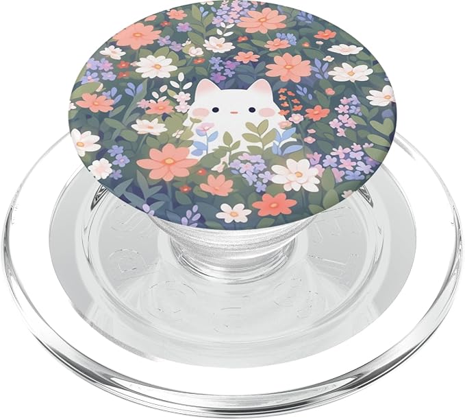 Cute White Cat Hiding in Spring Flowers Botanical Floral PopSockets Adhesive PopGrip