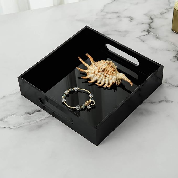 Black Sturdy Acrylic Tray with Handles-8x8 Inch- Countertop Organizer Tray for Kitchen,Bathroom,Office- Storage Box for Cosmetics, Jewelry,Toiletries,Toy,Gadgets