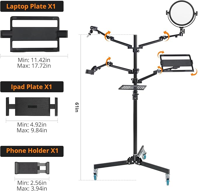 GVM 5-in-1 Movable Live Streaming Floor Stand Kit with Wheels, Overhead Camera Mount with 10" LED Key Light/Mic Boom Arm/Tablet Laptop Phone Stand/Tray for Live Broadcast Podcast Video Recording Game
