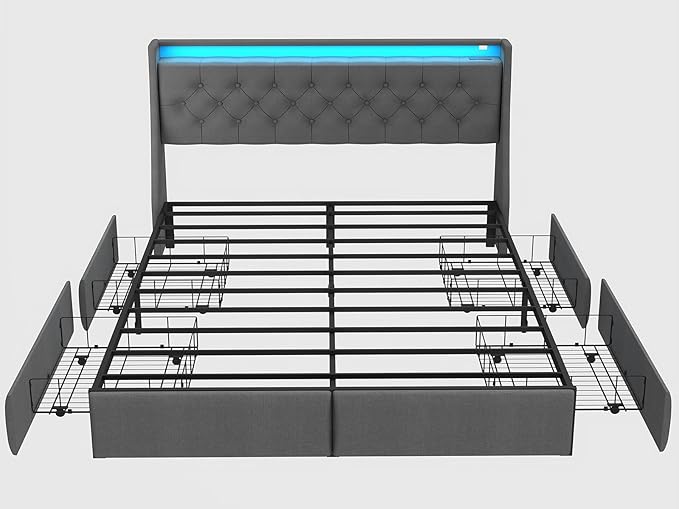SADENICEL Queen Bed Frame with Storage Headboard and 4 Drawer, Metal Platform Bed Frame Queen Size with LED Light, Charging Station, No Box Spring Needed, Noise Free, Easy Assembly, Grey