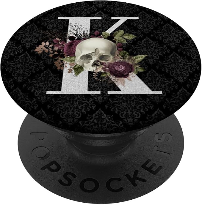 Skull and Roses Gothic Horror Monogram with Letter K Initial PopSockets PopGrip: Swappable Grip for Phones &amp Tablets PopSockets Standard PopGrip