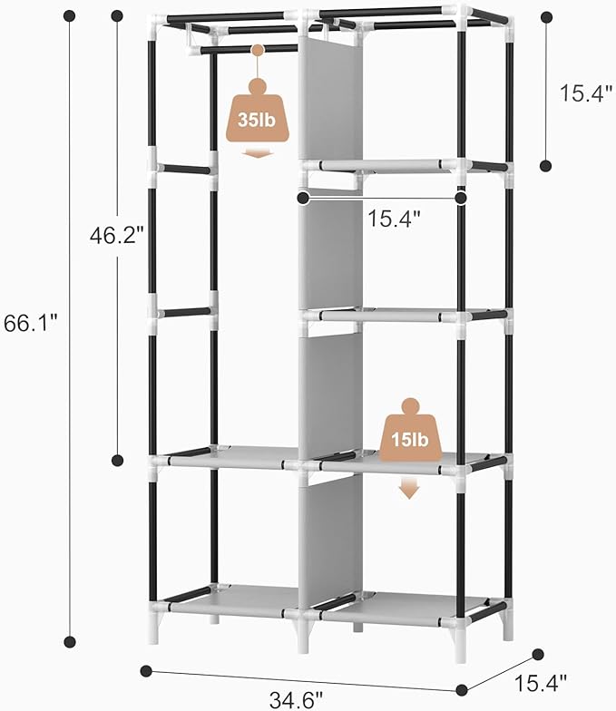 ROJASOP Portable Closet Wardrobe Closet for Hanging Clothes with 6 Storage Shelves, 1 Hanging Rod and 4 Pockets, Clothes Organizer and Storage Wardrobe Free Standing Closet for Bedroom, White