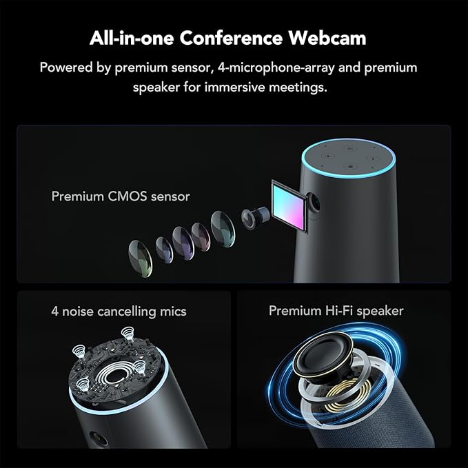 NEARITY C45 2K Video Conference Webcam with Microphone and Speaker, All-in-One Camera with 4 Noise Cancelling Microphone, 5X Zoom FHD Webcam AI Auto-Framing Plug-and-Play for Zoom/Teams/Google Meet