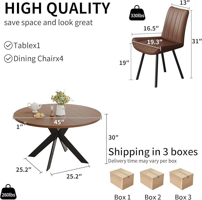 45.3" Walnut Round Dining Table Set with 4 Chairs – Mid-Century Modern Small-Space Kitchen & Dining Room Furniture for Apartment or Breakfast Nook (Boxwood – Table + 4 Brown Chairs)