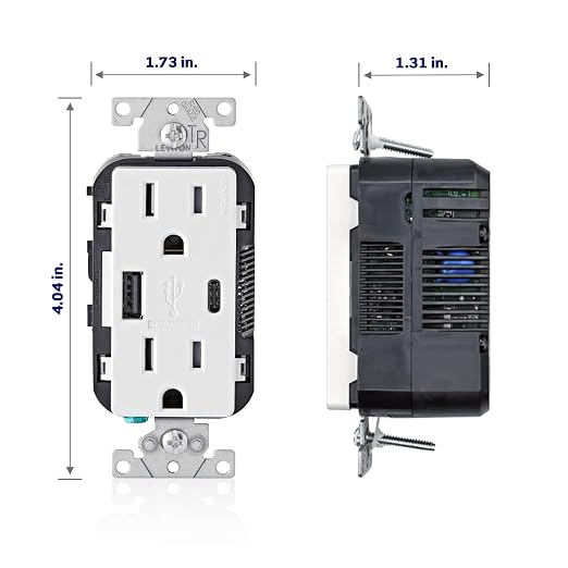 Leviton 30W (6A) USB Dual Type-C/C Power Delivery In-Wall Charger with 15A Tamper-Resistant Outlet USB Charger for Smartphones Tablets Laptops T5635-E Black