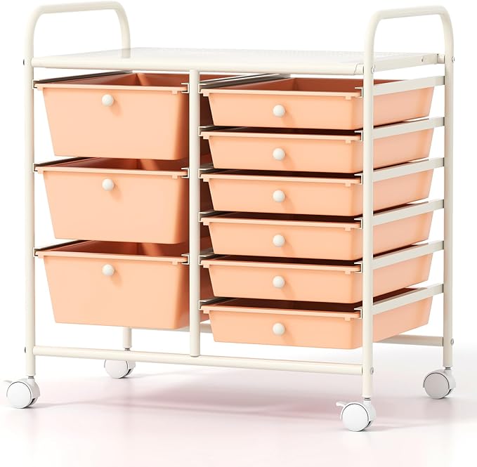 COSTWAY Rolling Storage Cart with 9 Drawer, Mobile Utility Cart with Metal Frame, Art Supply Craft Organizer, Multipurpose Storage Organizer for Paper, Office, School Teacher, Classroom, Peach