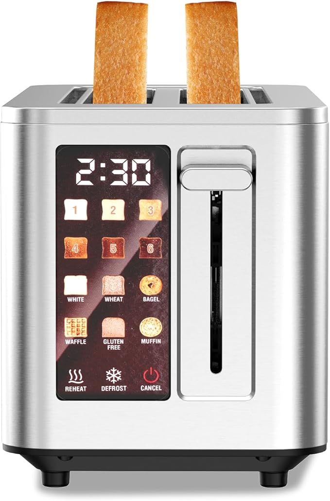 2026 Upgraded TAZTIR Touch Screen Toaster 2 Slice, Premium Stainless Steel Digital Bread Toaster with Timer, 1.5'' Wide Slot, 6 Shade Settings & 6 Bread Types, Bagel Defrost Reheat Cancel Functions