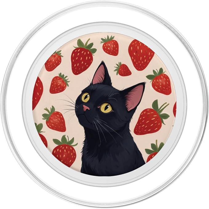 Beige Red Strawberry Black Cat Illustration Print PopSockets PopGrip for MagSafe