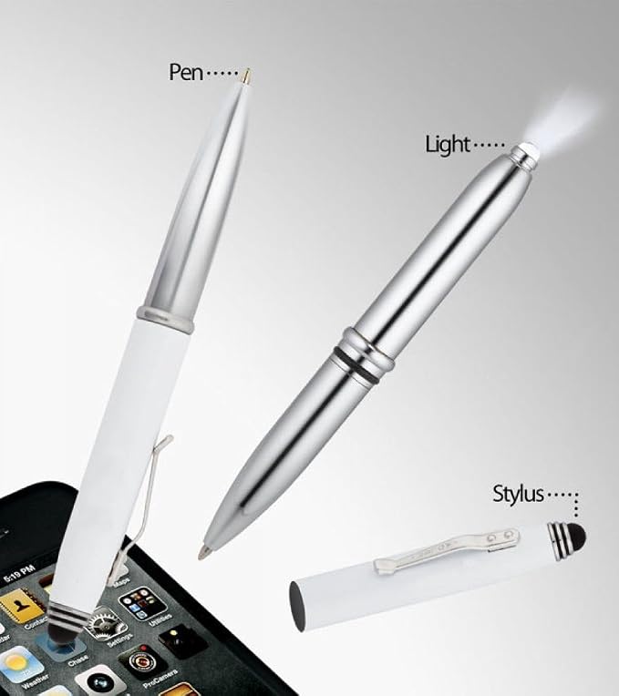 Tri-Function Pen - Stylus Pen for Touch Screens with LED Flashlight and Pen (Black)