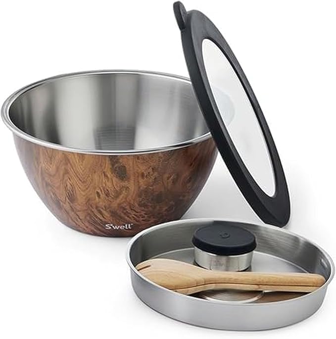 S'well Stainless Steel Salad Bowl Kit XL 184oz, Teakwood, Includes 5oz Canister For Dressing, Serving Utensils, and Removable Tray, Leakproof, Easy to Clean, Dishwasher and Refrigerator Safe