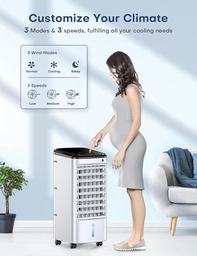 CENSTECH 4-IN-1 Portable Air Conditioners, Evaporative Air Cooler w/3Modes & 3Speeds, 12H Timer for Smart Auto-off, 1-Gal Tank for 15H Cooling, 26FT Remote, No Hose Needed, 70°Oscillating Swamp Cooler