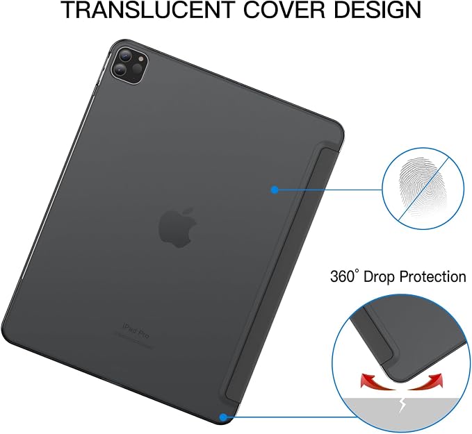 JETech Case Cover for iPad Pro 12.9 6th/5th Gen (2022/2021) Black | Slim Translucent Back Design Tri-Fold Stand Auto Wake/Sleep Lightweight Shockproof Protection
