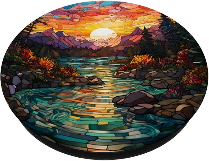 Sunset Stained Glass Mosaic Landscape Scene PopSockets Adhesive PopGrip