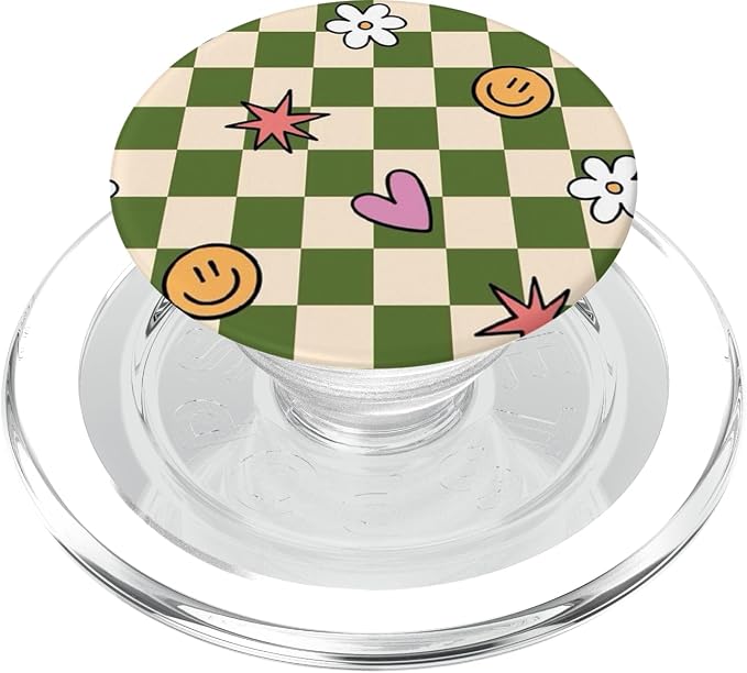 Green Checker Cute Doodle Pattern PopSockets Adhesive PopGrip