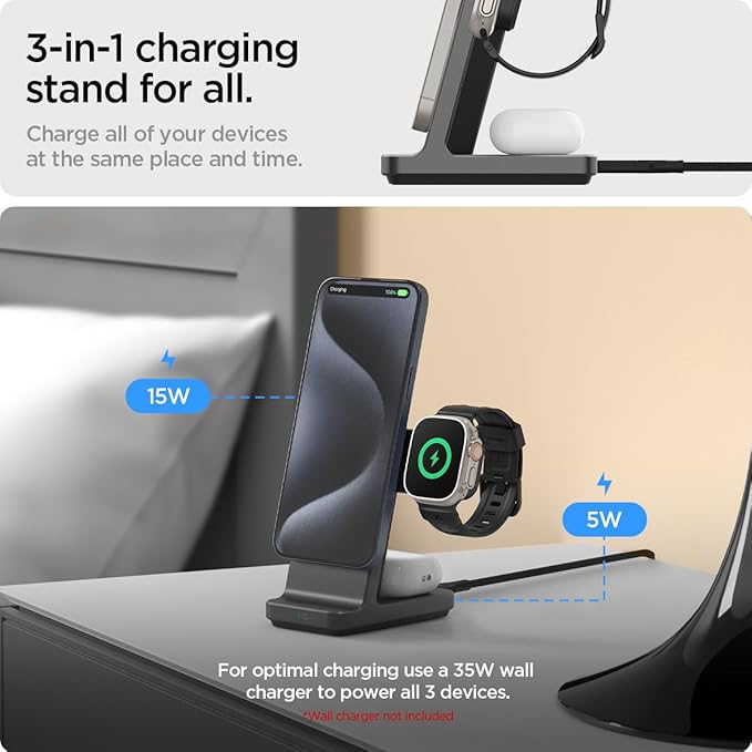 Spigen for 3 in 1 Charging Station, Qi2 MagSafe Charger Stand 15W Compatible with iPhone 17/16/15/14/13/12 Apple Watch Ultra 3/2/1 Apple Watch 11/10/9/8/7/6/5/4/3/2/1/SE AirPods Pro 3/2/1 AirPods 4/3