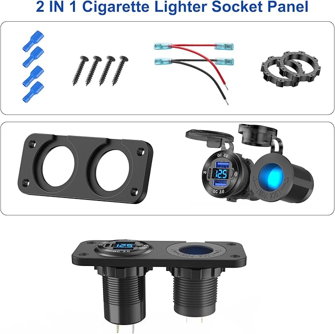12V USB Outlet Marine Switch Panel Plug, PD3.0 and Dual QC3.0 USB Ports Aluminum Car Charger with LED Voltmeter Power Switch, Lighted 150W Cigarette Lighter Socket 2 in 1 DIY Kit for Boat RV ATV, etc.