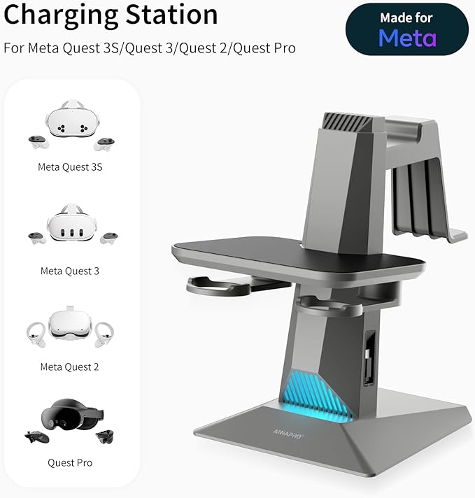 ANNAPRO CD1 Charging Dock for Meta Quest 3S/3, Quest 2, Retractable Charging Cable to Charge VR Headset, RGB Charging Station Accessories Compatible with Elite Strap and Controllers