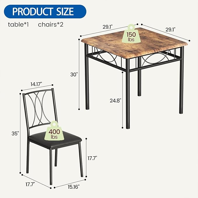 IDEALHOUSE Dining Table Set for 2, Square 3 Piece Kitchen Room Sets with 2 Upholstered Chairs, Compact Dining Room Table Set for Apartment, Small Space, Retro Brown