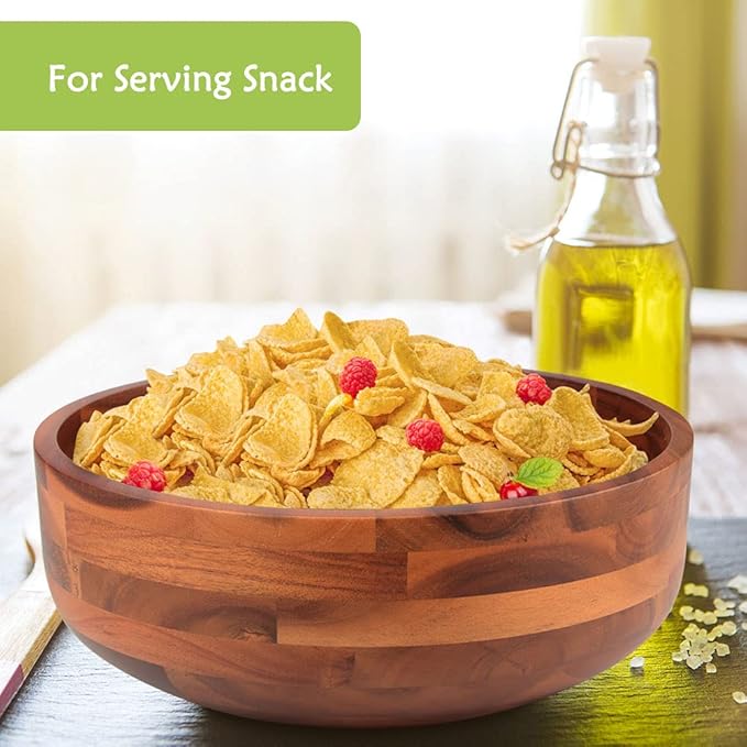 AIDEA Acacia Wood Salad Bowl Set with 2 Wooden Hands, Large Salad Bowl with Serving Utensils, Big Mixing Bowl for Fruits, Salad, Cereal, Corn flake,Pasta 11" Diameter x 4.5" Height