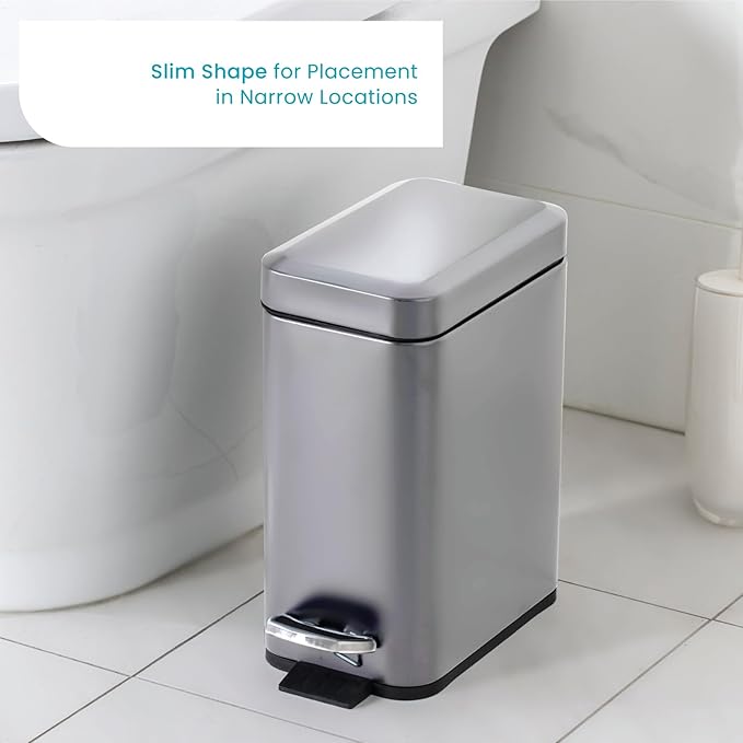 Home Zone Living 2-Pack 1.3 Gallon Small Bathroom Trash Can with Lid and Step Pedal, Stainless Steel Wastebasket with Slim Design for Home and Office, Silver, 5 Liters