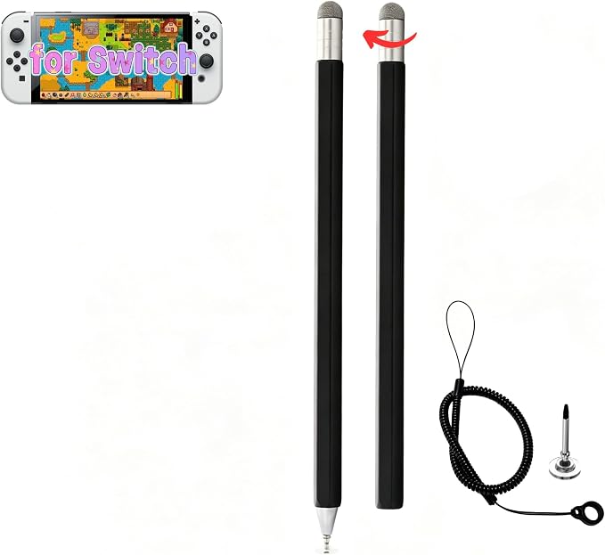 Retractable 2-in-1 Stylus Pen for Nintendo Switch 2&amp1 Dual Tips Aluminum Touch Pen for Switch OLED Lite &amp All iOS Android Touch Devices Passive No Charge Game Stylus (Black)