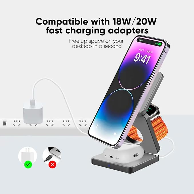 LUNOX 3-in-1 Wireless Charger for iPhone - Apple Watch &amp AirPods - Foldable Magnetic Fast Charging Dock - Black - White
