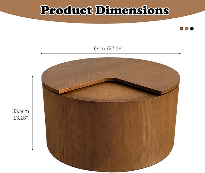 Round Coffee Table with Storage for Living Room 27.16" Small Brown Wood Tea Table Mid Century Modern Coffee Table Rustic Boho Coffee Table Circle Sofa Side Table for Small Space (Circle Brown)
