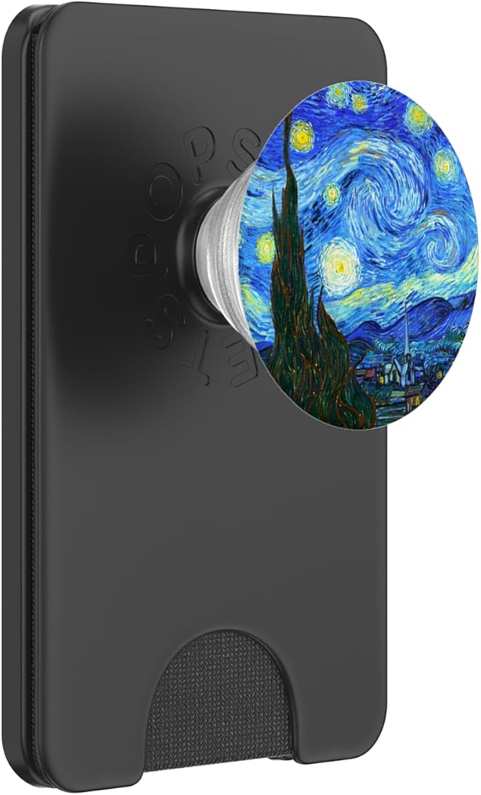 PopGrip: Swappable Grip for Phones &amp Tablets Gift - Black Phone Grip - Art: Vincent Van Gogh Starry Night - Compatible with Smooth Hard Plastic Cases