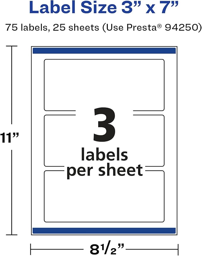 Avery Glossy White Rectangle Labels, Sure Feed Technology, 3" x 7", 75 Glossy White Labels, Print-to-The-Edge, Permanent Adhesive, Laser/Inkjet Printable