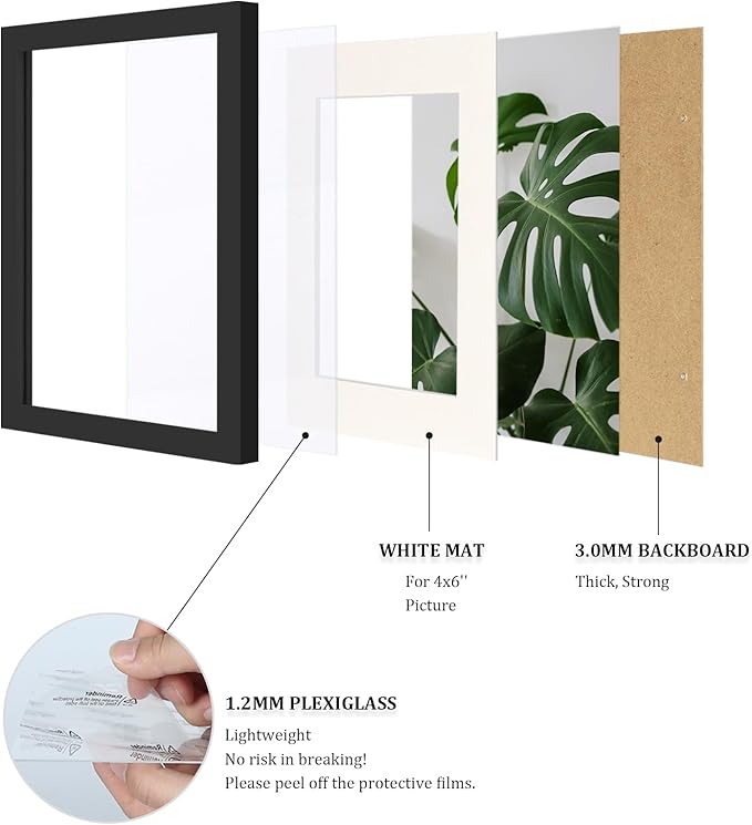 Egofine 6x8 Picture Frame Made of Solid Wood Covered by Plexiglass, Display Pictures 4x6 with Mat or 6x8 Without Mat for Table Top Display and Wall Mounting Photo Frame, Black