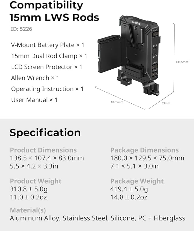 SMALLRIG V-Mount Battery Plate Kit for 15mm LWS Rods, with Dual Rod Clamp, LCD Screen Protector & Cable Clips, D-Tap & USB-C Supply, All-in One Camera Video Rig for Mirrorless/DSLR