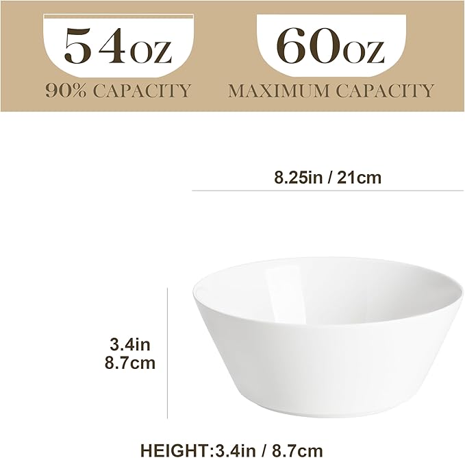 MALACASA Large Salad & Soup Bowls - Set of 4, 60 OZ Porcelain White Bowls for Ramen, Pasta, Pho - Microwave & Dishwasher Safe