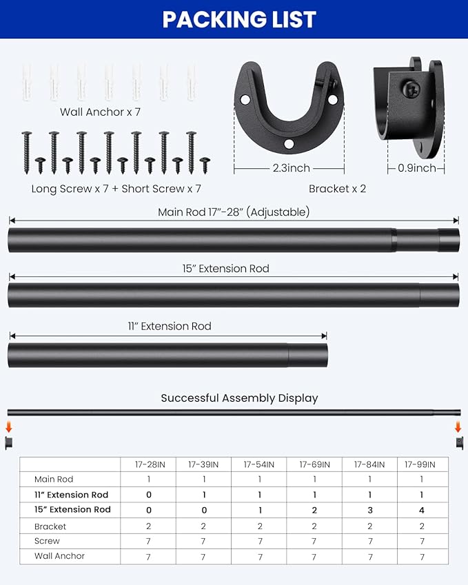 Supforce 4 PACK Closet Rods for Hanging Clothes, 17 to 69 Inches Stepless Adjustable Metal Closet Rod, 1.3 Inches Heavy Duty Clothes Hanging Rod for Closet Wardrobes Laundry RV, Black