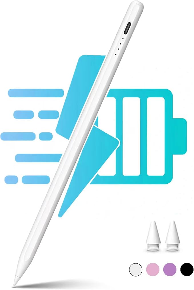 Stylus Pen for iPad 2018-2025 2X Fast Charge Pencil Pixel-Perfect Precision Palm Rejection Tilt Sensitivity Active Pen for iPad 6/7/8/9/10 Mini 5/6 Air 3/4/5/M4Pro 11''/12.9''/13''White