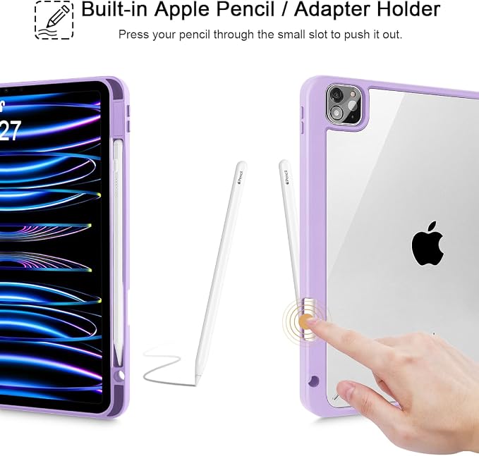 Mektron Case for iPad Pro 11 inch Case M2 2022 Generation 4th Fit 2021 2020 2018 iPad Pro 11 (3rd 2nd &amp 1st Gen) -Buit in Pencil Holder with Shockproof Cover Clear Shell Blue Bows &amp Flower