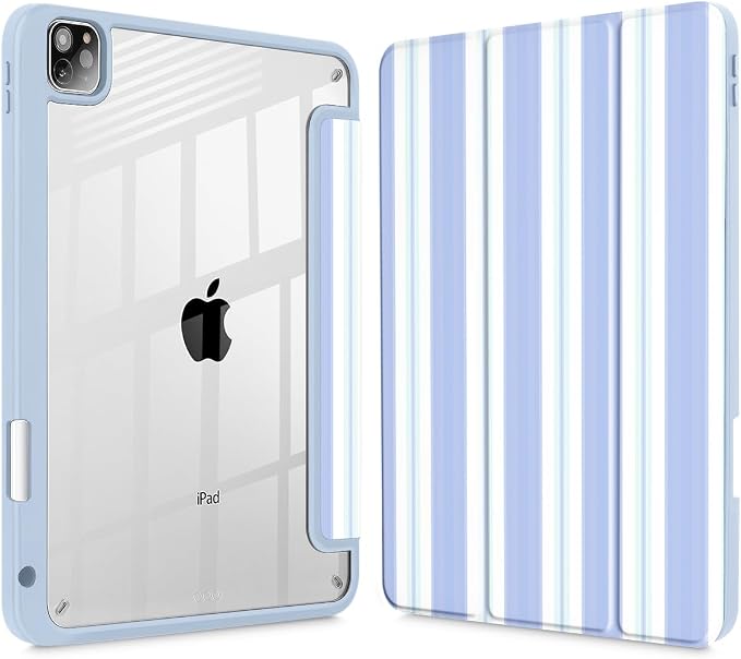 Mektron Case for iPad Pro 11 inch Case M2 2022 Generation 4th Fit 2021 2020 2018 iPad Pro 11 (3rd 2nd &amp 1st Gen) -Buit in Pencil Holder with Shockproof Cover Clear Shell Blue Bows &amp Flower