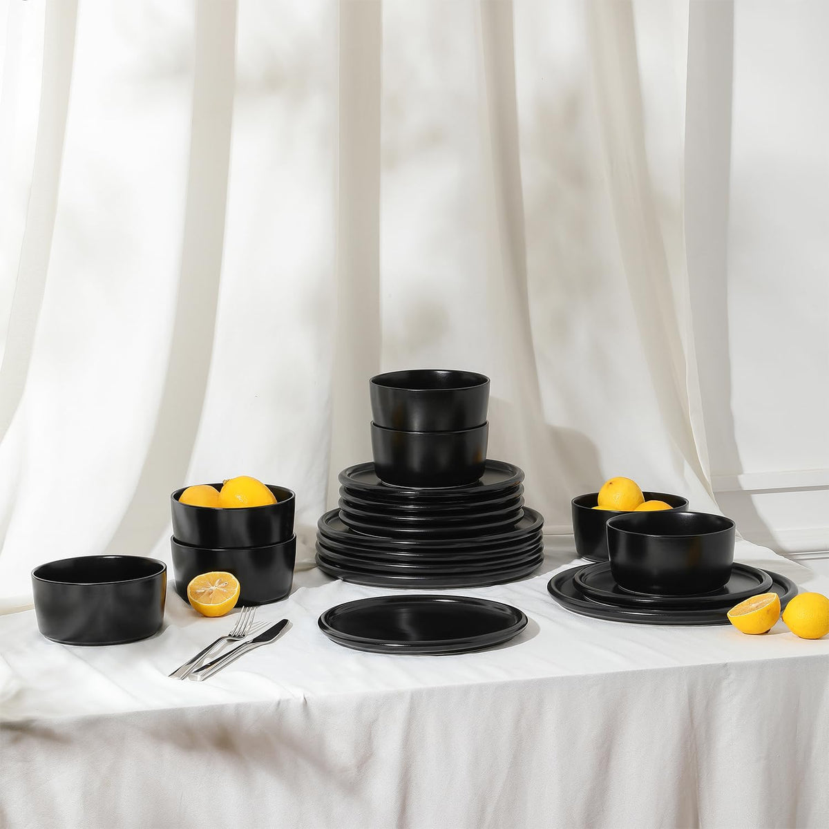 Stone Lain Eden 24-Piece Dinnerware Set Stoneware, Plates and Bowls Set, Dishwasher and Microwave Safe Dish, Dish Set for 8, Dark Blue