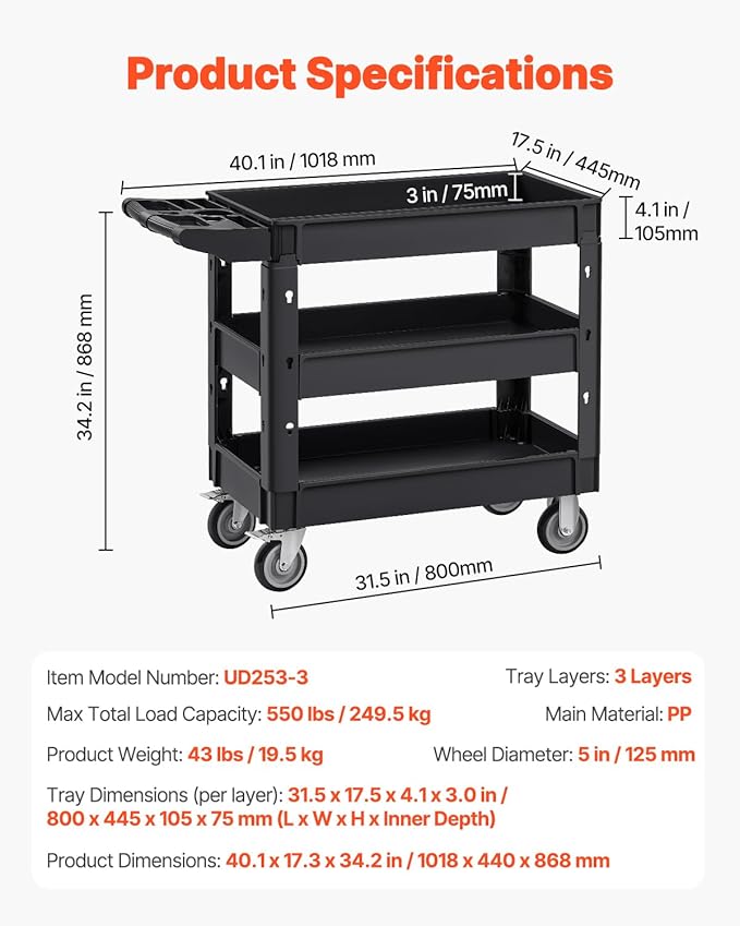 VEVOR Utility Cart, 3-Tier Plastic Service Cart with 550LBS Capacity, 360° Swivel Casters (Including 2 Locking Wheels), Medium Lipped Shelves, Ergonomic Handle, for Garage, Warehouse, Cleaning Tasks