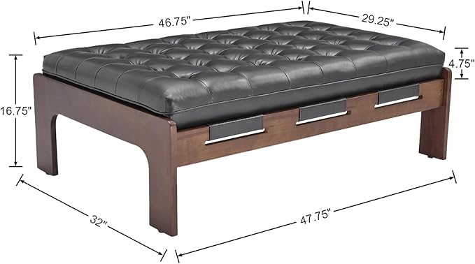 Kmax Coffee Table, 48 Inch Black Leather Ottoman Coffee Table Rectangular Upholstered Dark Wood Center Table Tufted Tea Table, Oversized Footrest Stool for Living Room - PU, Black