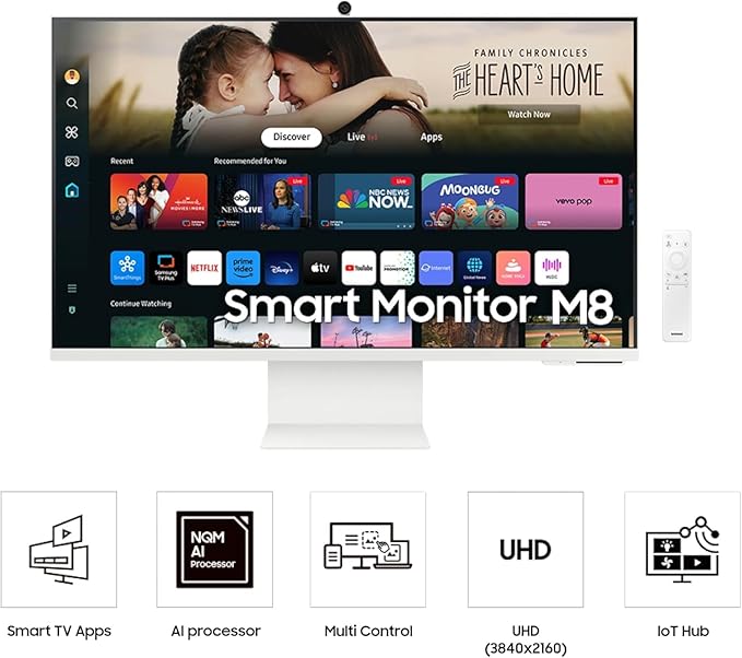 Samsung 32-Inch M8 (M80D) 4K UHD Smart Monitor with Streaming TV, Speakers, HDR10+, AI Upscaling, Ergonomic Stand, Slimfit Camera, Gaming Hub, USB-C & DKZ USB Port Expander, (LS32DM801UNXZA)