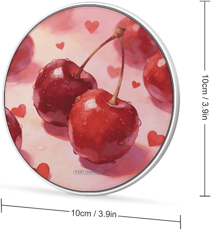 Cherries and Hearts Wireless Charger Aluminum Alloy Frame 10W Fast Charging Pad with Indicator Light 6mm Thin &amp Portable Wireless Charging Pad for Travel Home Office Desk