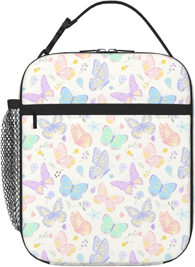 Watercolor Butterflies Insulated Lunch Bag,Kids Lunch Box For Girls Boys Teen,Kid Lunch Box Cooler Bag With Front Pocket For Women Men,Reusable Lunch Tote Bag Lunchbox For School/Work/Picnic/Office
